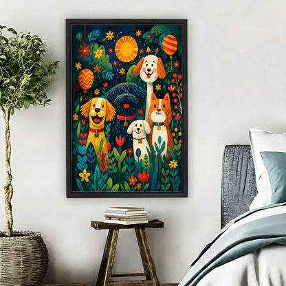 Colorful dog garden party framed canvas wall art hanging above sofa in bright living room