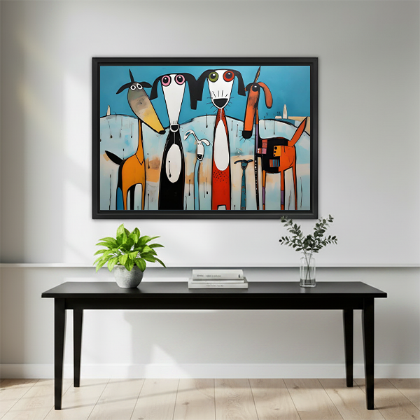 Colorful whimsical dog pack framed art print mounted above a black dining table with minimalist decor