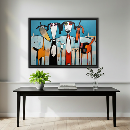 Colorful whimsical dog pack framed art print mounted above a black dining table with minimalist decor