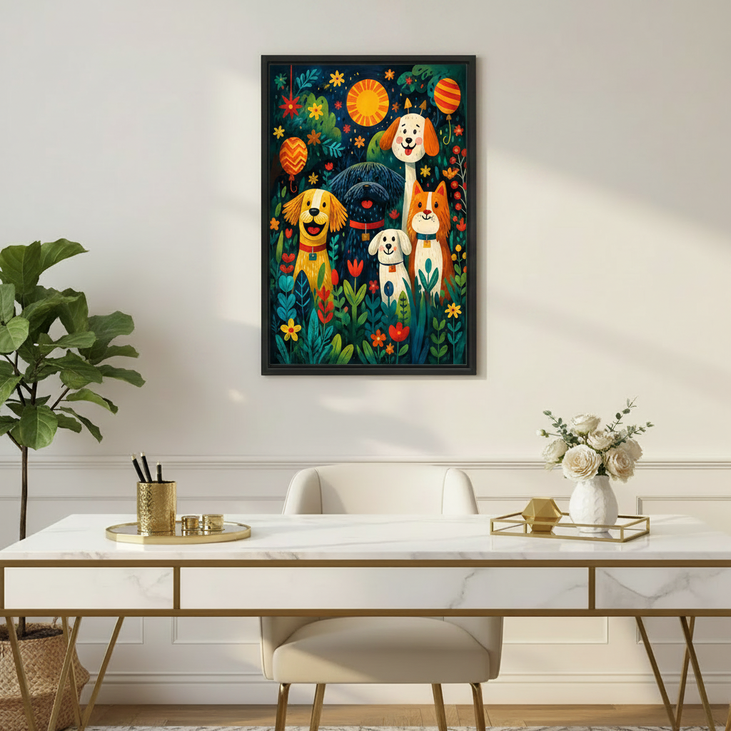Woman holding colorful dog garden party framed canvas print for home decor display