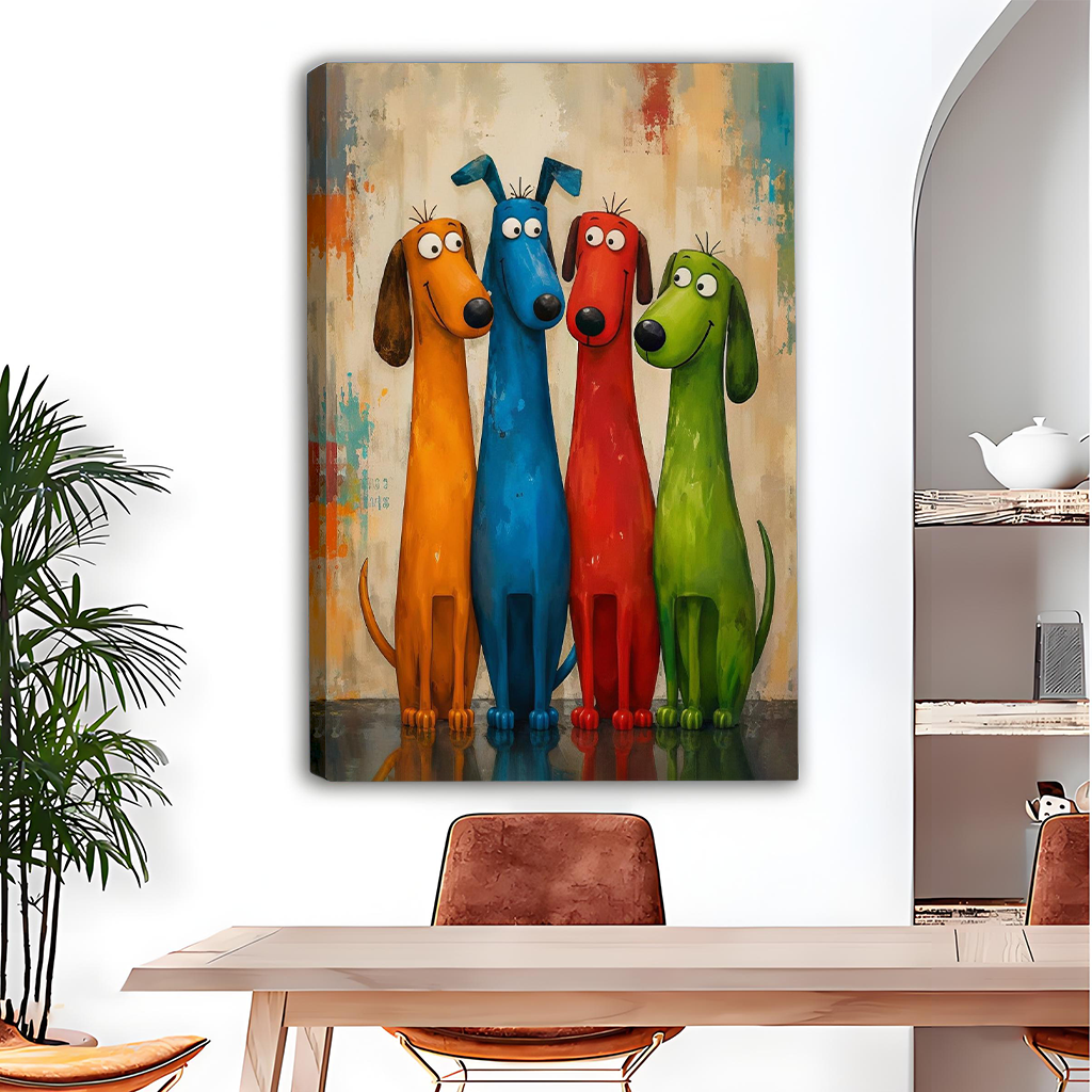 Colorful dogs canvas wall art in a black frame above a dining table, showing four whimsical canine friends.