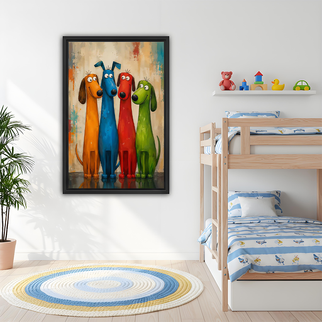 Black-framed colorful dogs canvas wall art above a gray sofa with blue cushions in a bright living room.