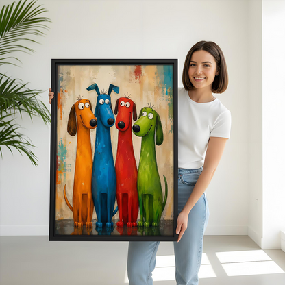 Gallery-wrap colorful dogs canvas wall art above a dining table, featuring four smiling dogs against a textured cream background.