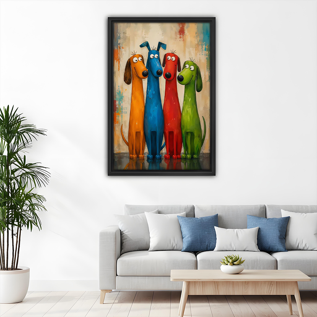 Colorful dogs canvas wall art in a black frame beside wooden bunk beds and a shelf of toys.