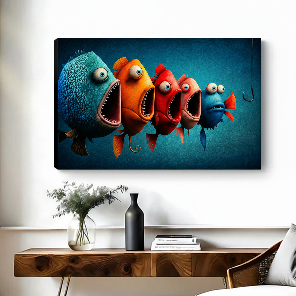Colorful cartoon fish gallery wrap canvas art print displayed without frame on living room wall