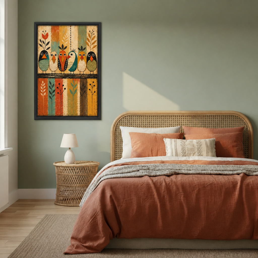 Framed colorful folk art birds canvas wall art displayed above a rattan bed