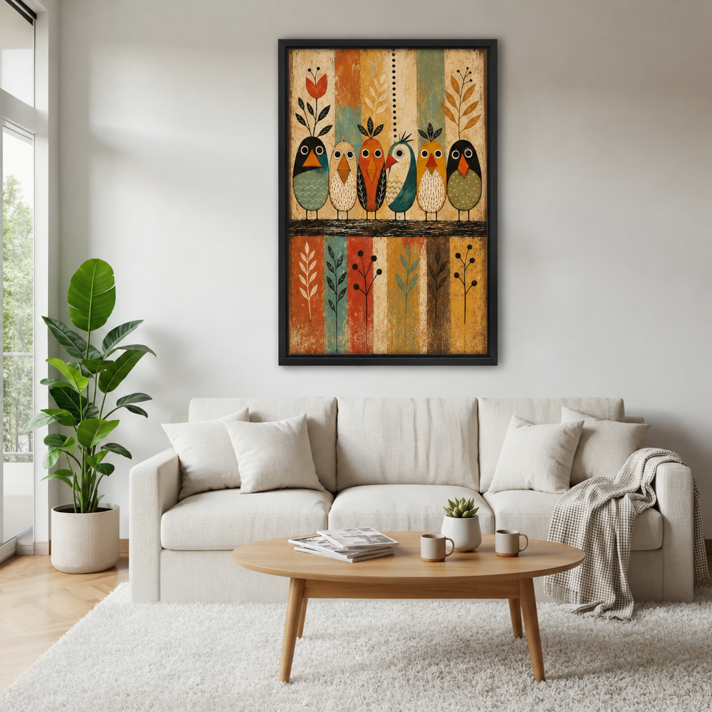 Colorful folk art birds canvas wall art displayed above a white living room sofa