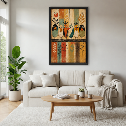 Colorful folk art birds canvas wall art displayed above a white living room sofa