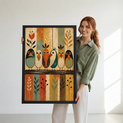 Woman holding large framed colorful folk art birds canvas wall art with botanical patterns