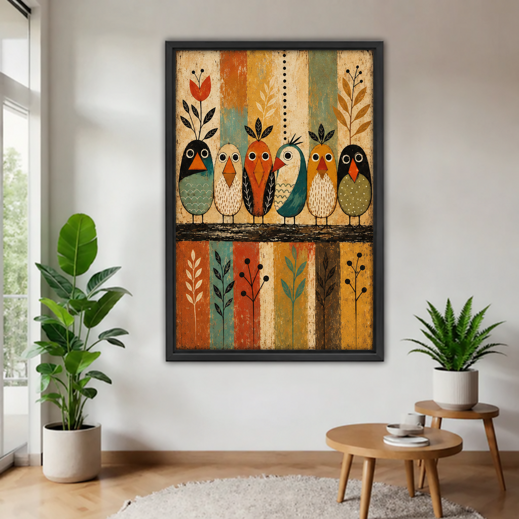 Black framed colorful folk art birds canvas wall art in a bright plant-filled living room