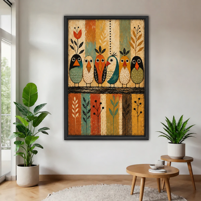 Black framed colorful folk art birds canvas wall art in a bright plant-filled living room