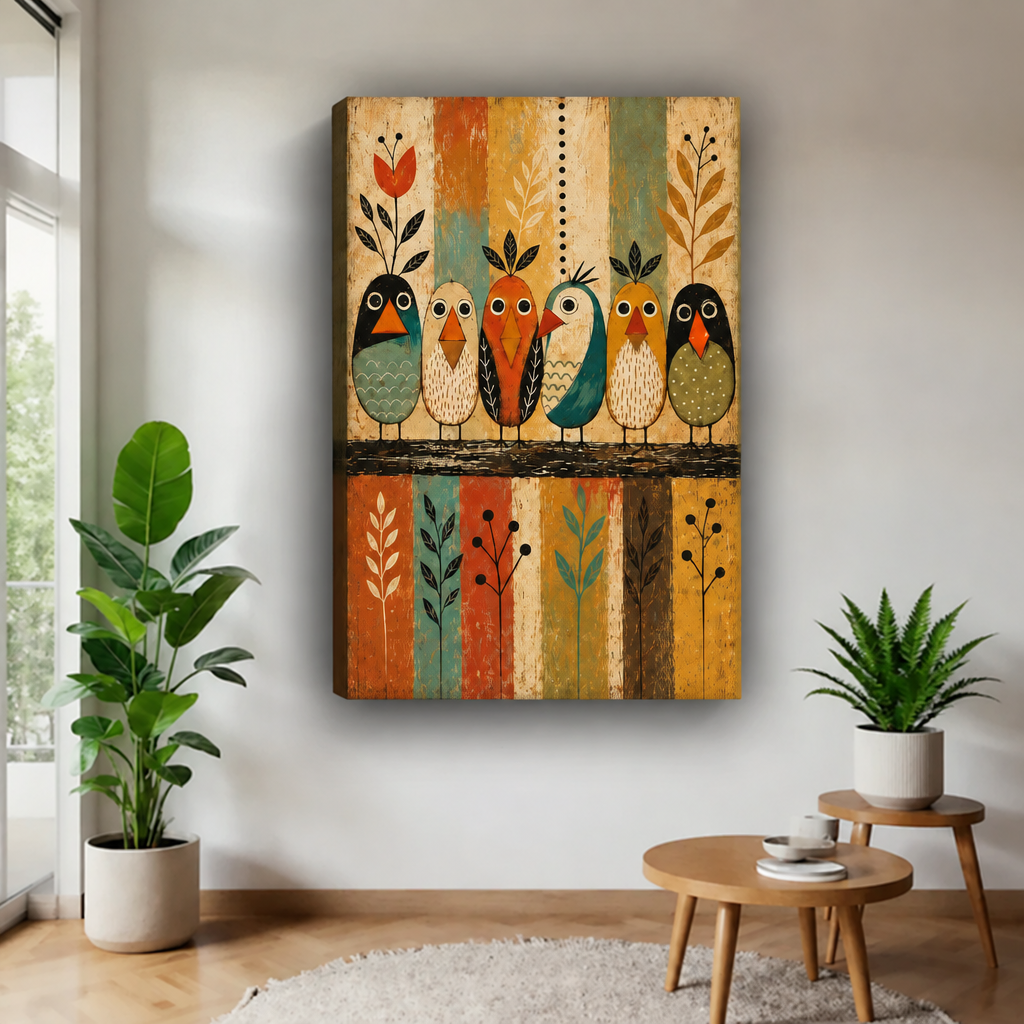 Colorful folk art birds gallery-wrap canvas featuring six whimsical birds and painted leaves