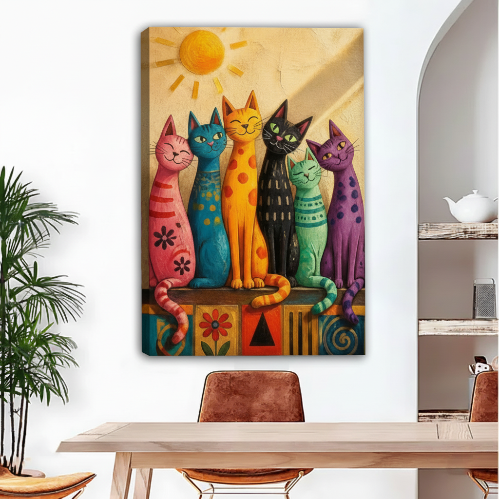 Gallery-wrap folk art canvas featuring six colorful patterned cats gathered beneath a glowing yellow sun.