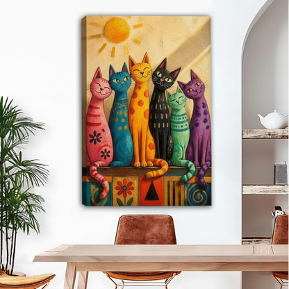 Gallery-wrap folk art canvas featuring six colorful patterned cats gathered beneath a glowing yellow sun.