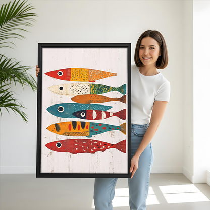 Colorful folk art fish canvas wall art in a black frame above a dining table beside a potted palm.