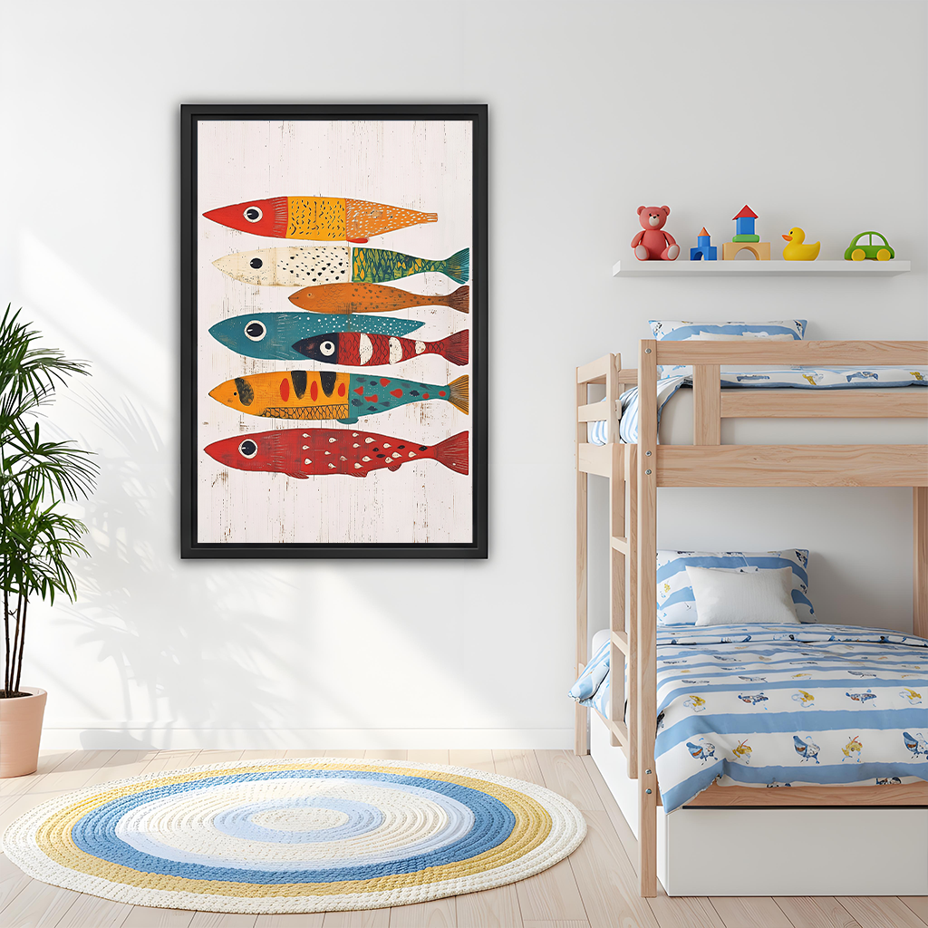 Framed colorful folk art fish canvas wall art with red and teal patterns above a gray sofa with blue cushions.