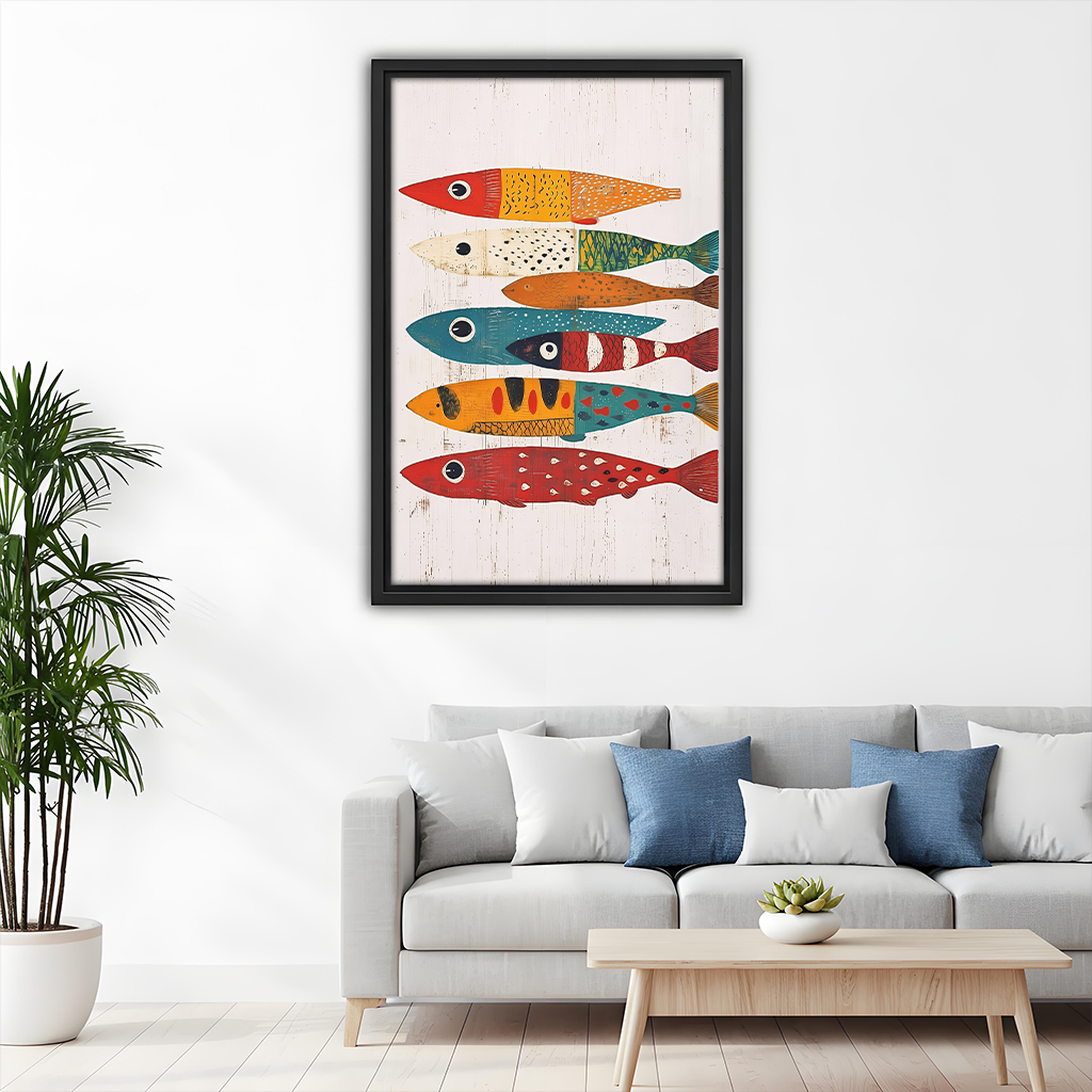 Gallery-wrap colorful folk art fish canvas wall art showing seven patterned fish above a dining table in a bright room.