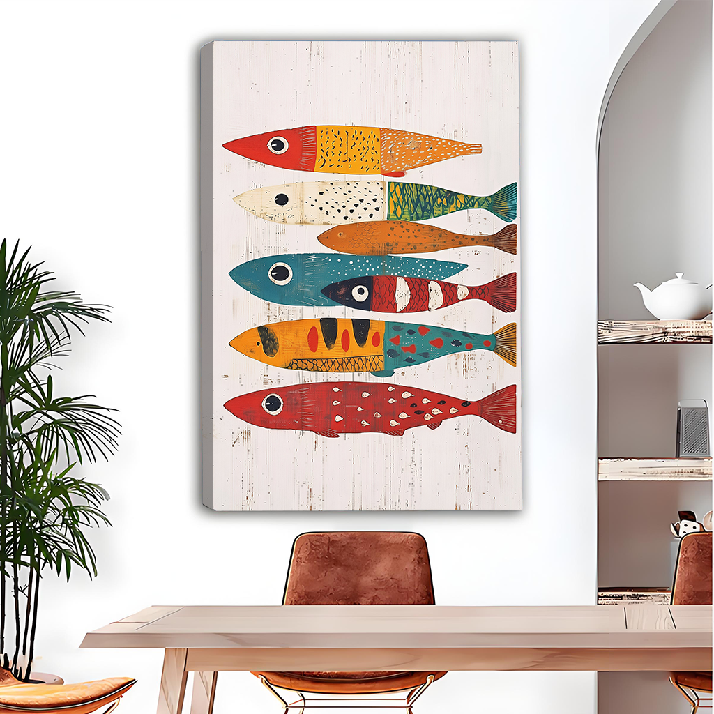 Framed colorful folk art fish canvas wall art displayed beside wooden bunk beds and a shelf of toys.