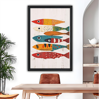 Woman holding black framed colorful folk art fish canvas wall art featuring seven patterned fish on an off-white background.