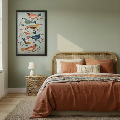 Colorful folk bird flock canvas wall art displayed above a warm-toned bedroom with woven decor.
