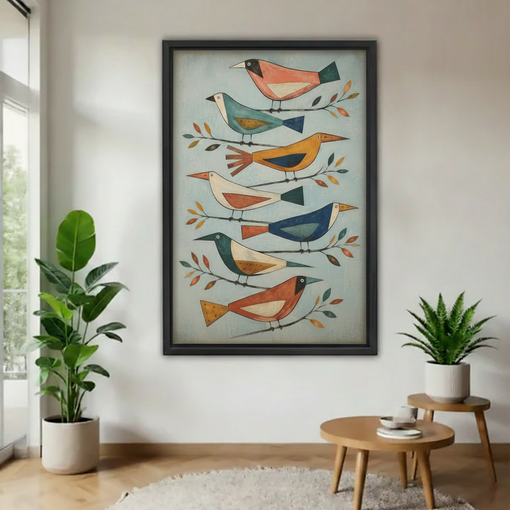 Framed colorful folk bird flock canvas wall art displayed between indoor plants in a modern room.