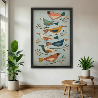 Framed colorful folk bird flock canvas wall art displayed between indoor plants in a modern room.