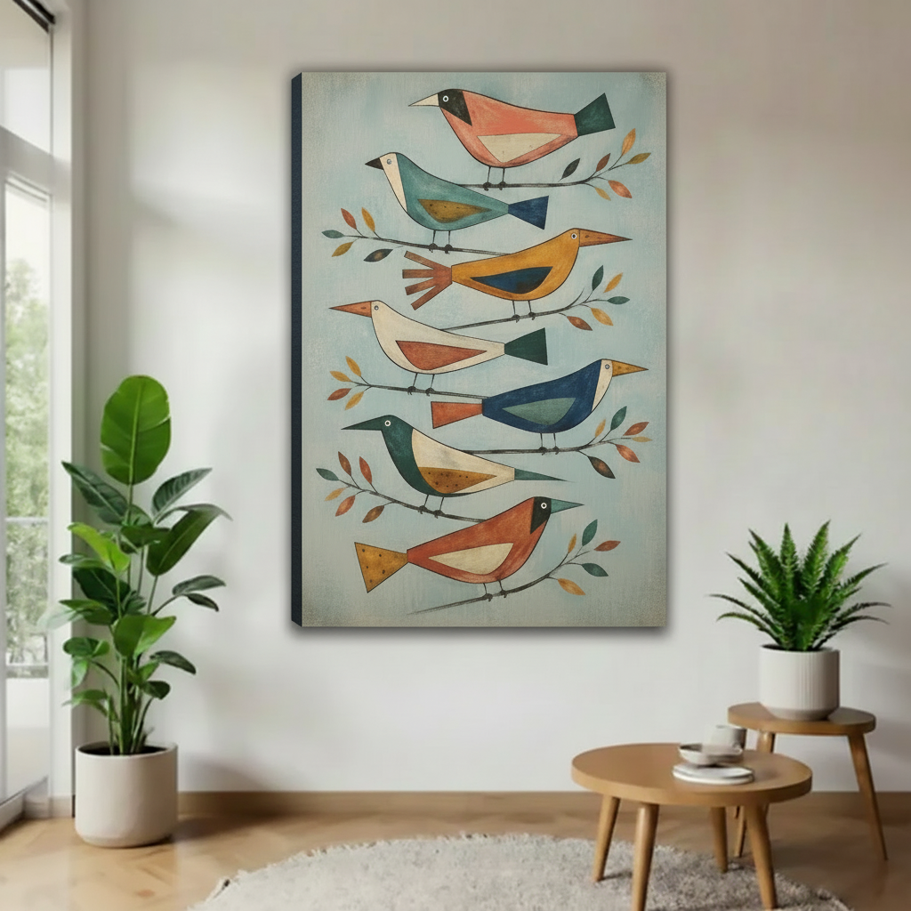 Colorful folk bird flock canvas wall art shown as a gallery-wrap canvas with visible side depth.