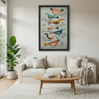 Colorful folk bird flock canvas wall art displayed above a neutral sofa in a bright living room.