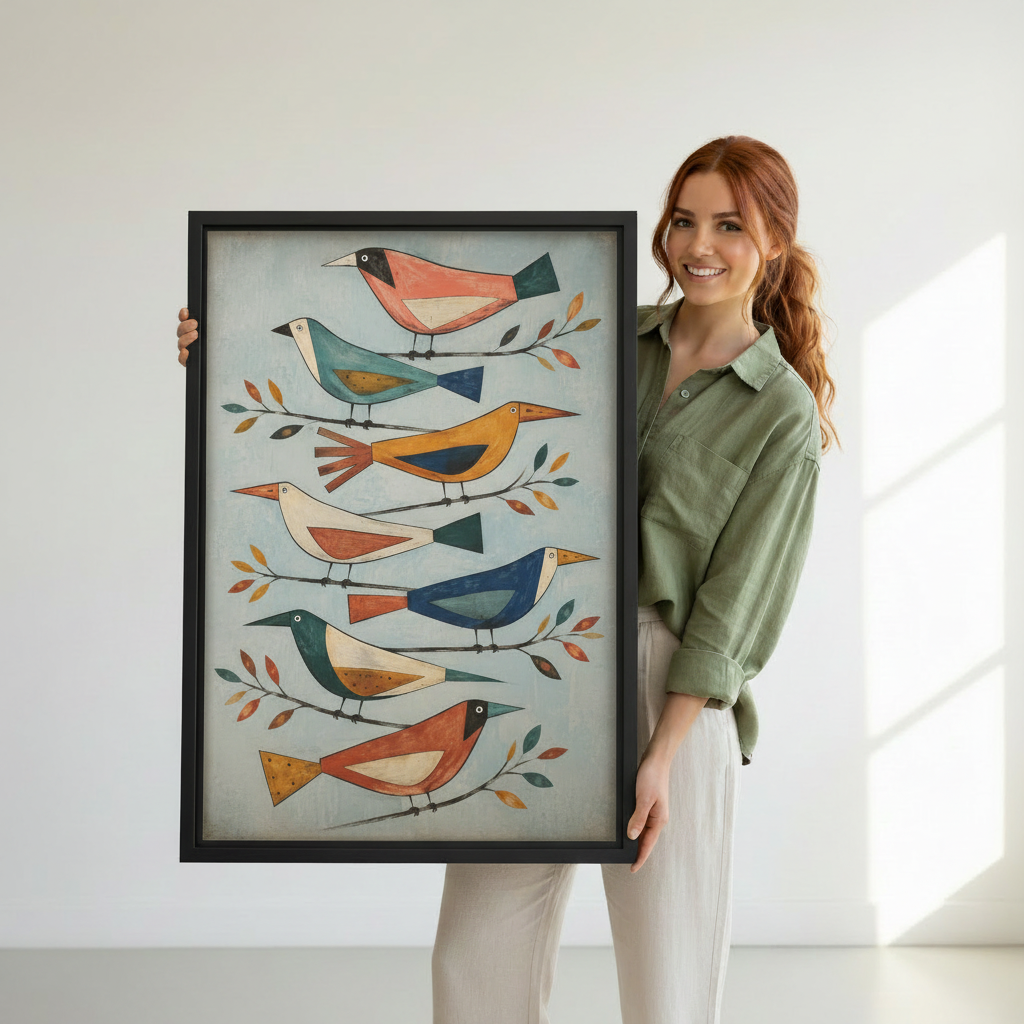 Framed colorful folk bird flock canvas wall art held by a woman to show its scale.