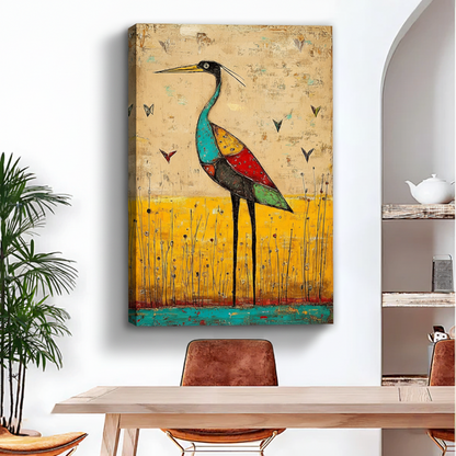 Colorful folk art heron canvas print displayed on white wall above wooden dining table in warm interior