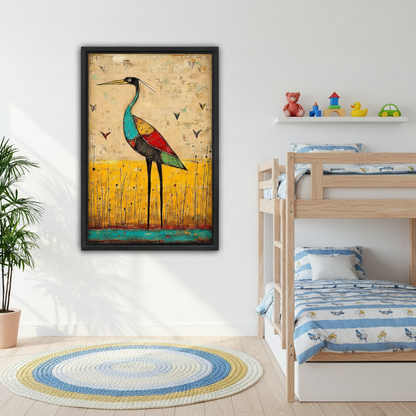 Whimsical colorful heron framed wall art print displayed in children's bedroom beside wooden bunk bed