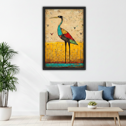 Bold multicolor heron framed poster art hanging above grey sofa in bright modern living room