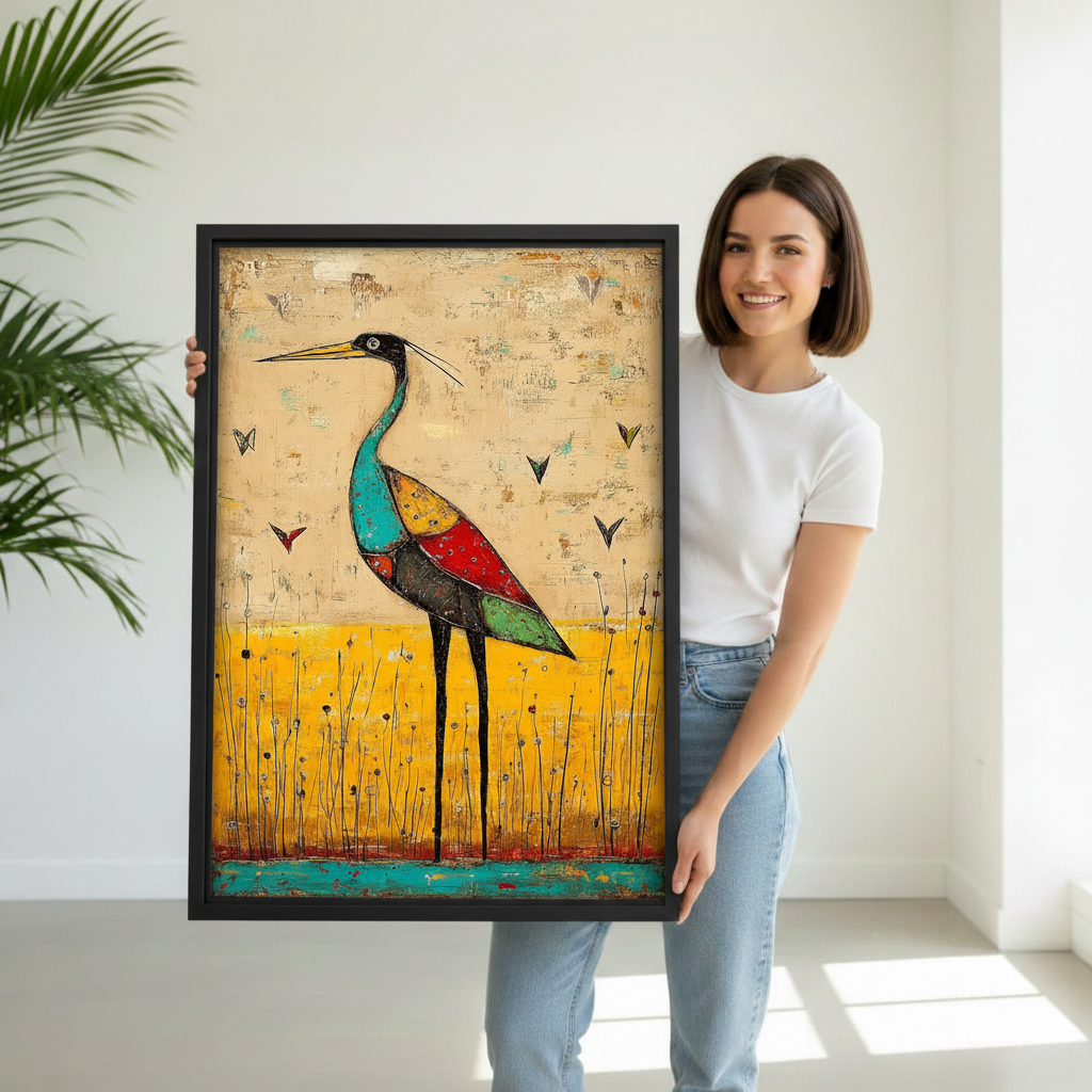 Woman holding large framed colorful heron folk art print showing actual size scale

