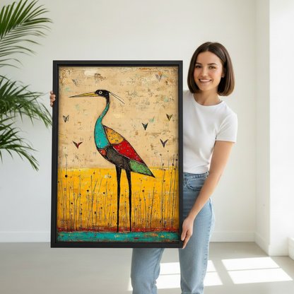 Woman holding large framed colorful heron folk art print showing actual size scale

