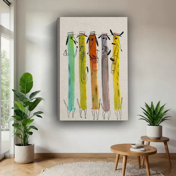 Colorful jazz dog band canvas print without frame floating on white wall in bright interior