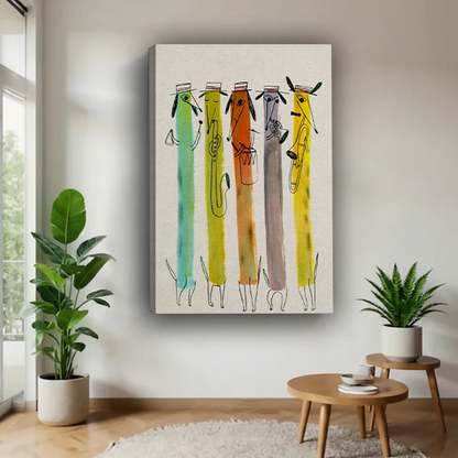 Colorful jazz dog band canvas print without frame floating on white wall in bright interior
