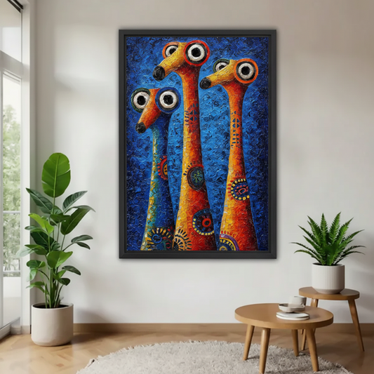 Large black framed print of three colorful long-necked whimsical creatures with circular eyes and bold dot patterns on a deep blue impasto-textured background, hung on a white wall flanked by two tropical potted plants