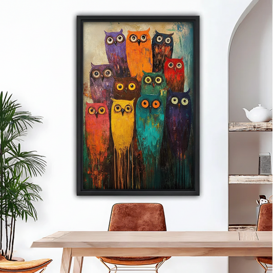 Black framed abstract expressionist wall art featuring a group of ten wide-eyed colorful owls in vivid brushstroke style, hung above a rustic dining table with leather chairs