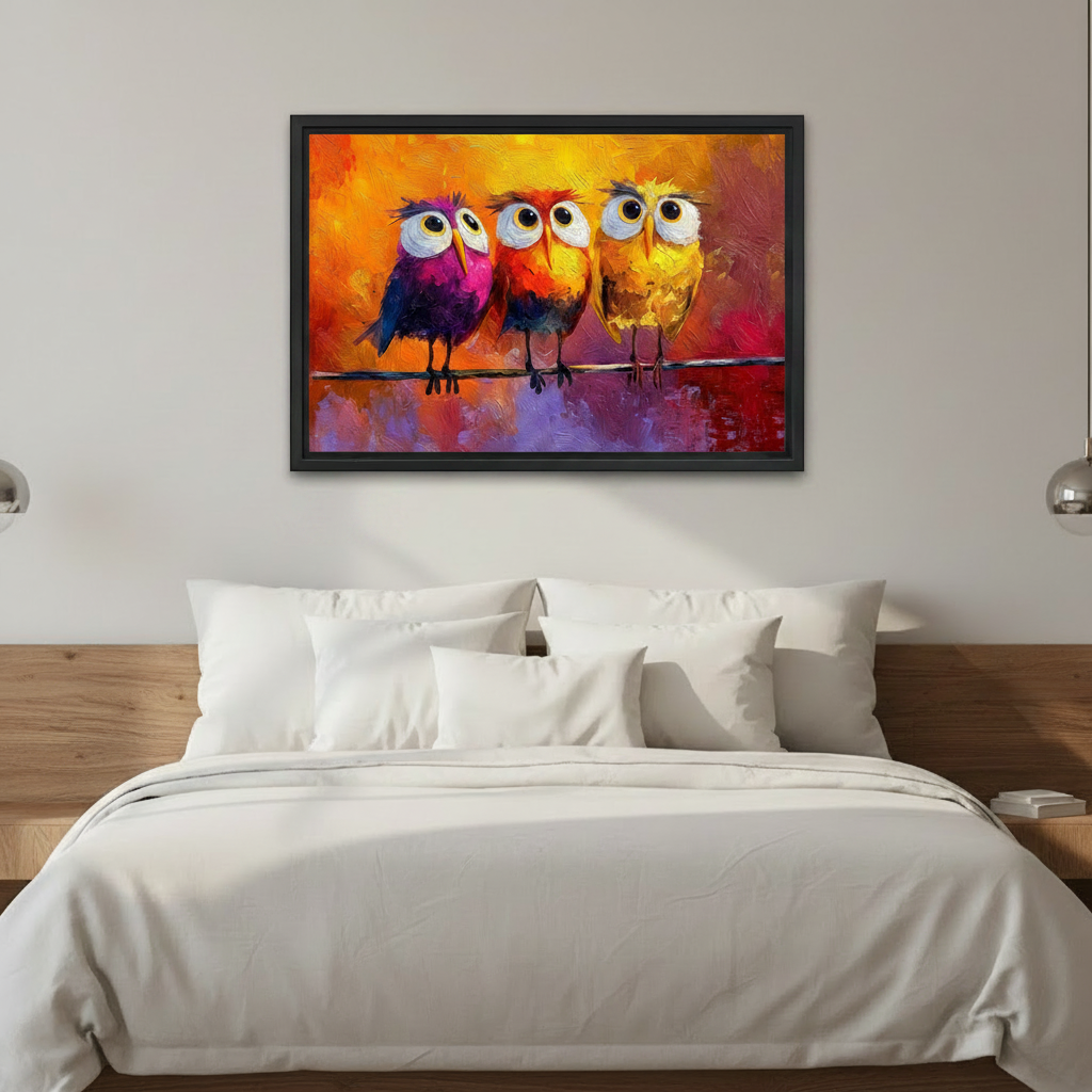 Vibrant owl trio oil painting framed canvas wall art mounted above a white bedding bed in a minimalist modern bedroom