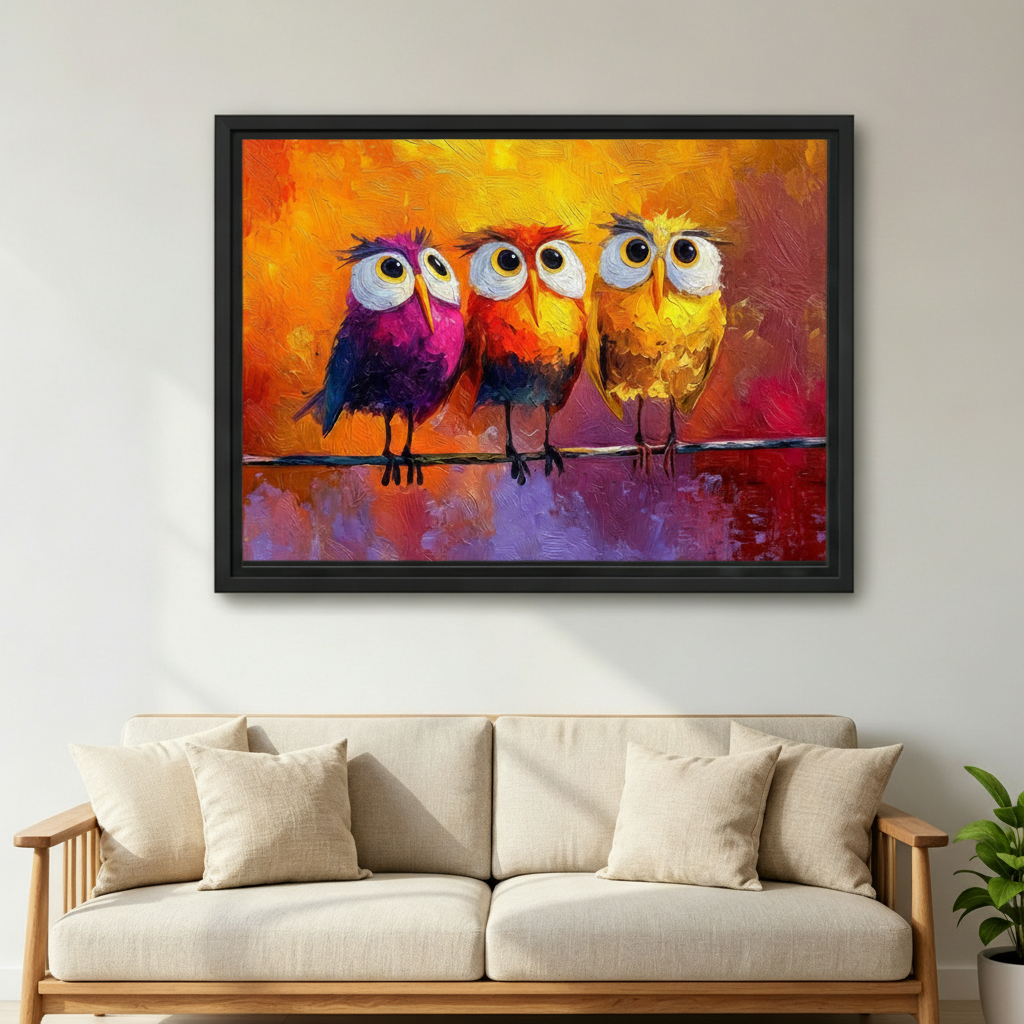 Bold colorful owl trio framed canvas art styled above a neutral linen sofa in a bright Scandinavian living room