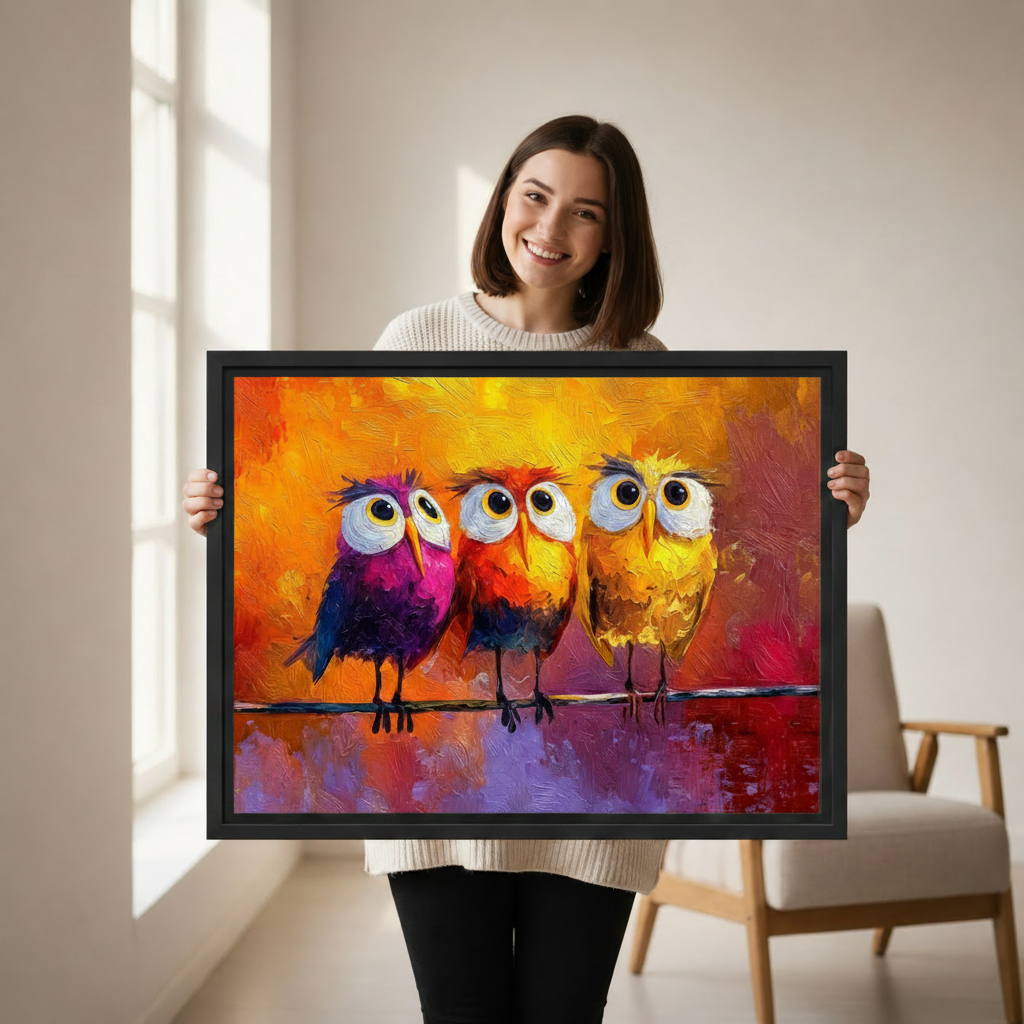 Woman holding large framed canvas print of three vivid owls on a wire, showing size scale and black frame detail