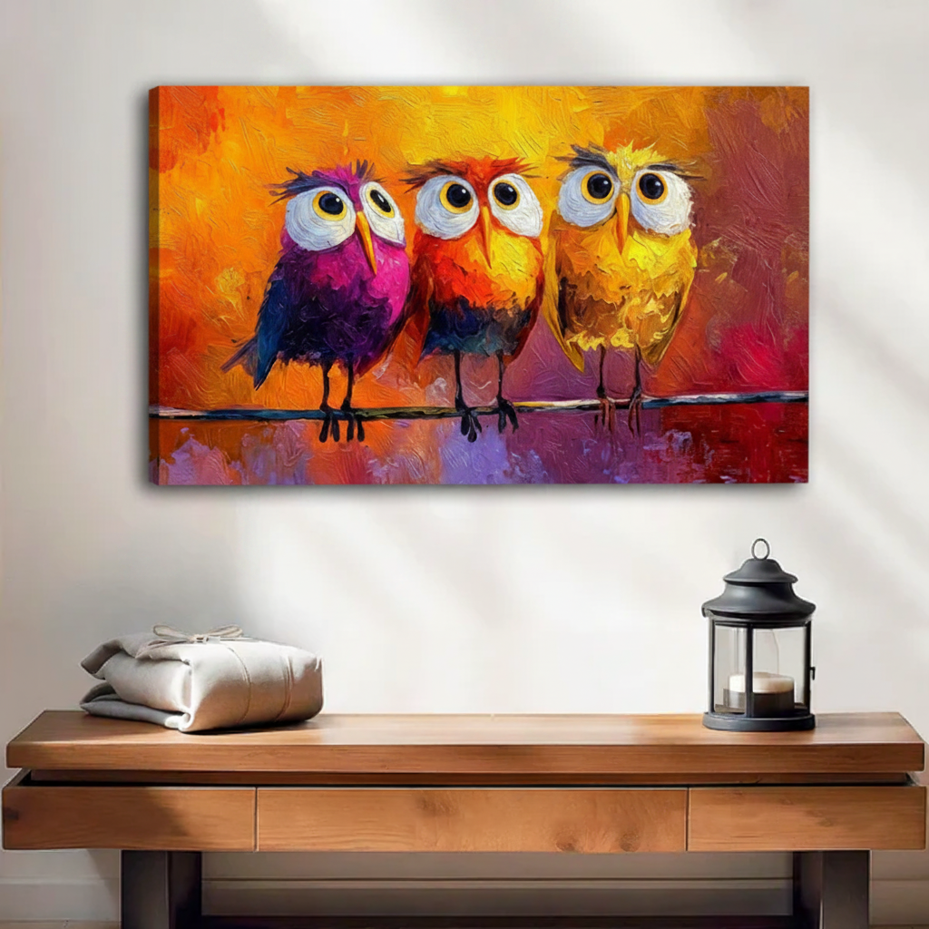 Unframed stretched canvas wall art featuring three whimsical owls in bold purple, red and yellow tones on an expressive orange background, hung above a console table