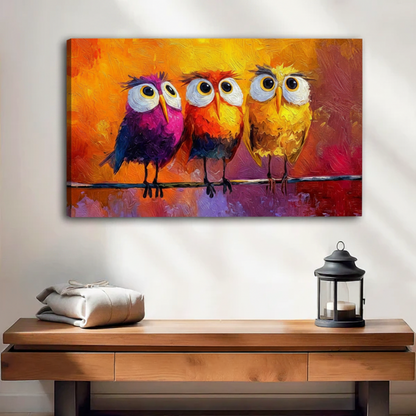 Unframed stretched canvas wall art featuring three whimsical owls in bold purple, red and yellow tones on an expressive orange background, hung above a console table