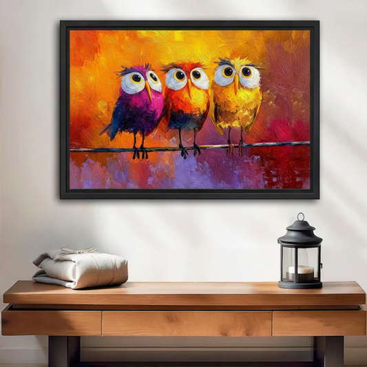 Framed oil painting canvas of three colorful owls perched on a wire against a vibrant orange background, displayed above a wooden console table