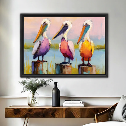  Colorful pelican canvas wall art in a black frame brightens a contemporary living room.