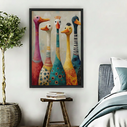 Large black framed folk-art style wall print of five quirky geese in pink, teal, yellow and striped patterns, hung on a bedroom wall beside a potted fiddle-leaf tree