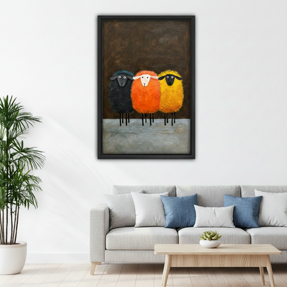 Funny black orange yellow sheep canvas wall art black frame above gray living room sofa