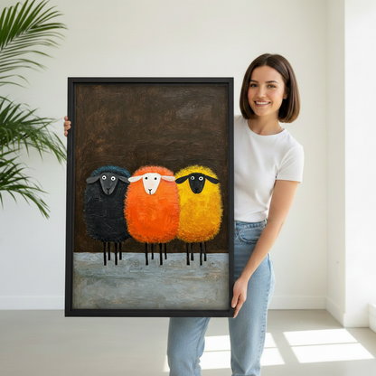 Woman holding large black framed colorful sheep trio folk art canvas wall art print