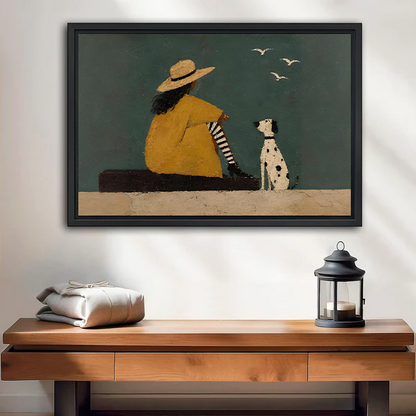 Contemporary woman and dog canvas wall art displayed above a wooden console with a lantern.