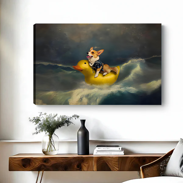 Classic oil painting style corgi on rubber duck canvas art print displayed on wall without frame above console table